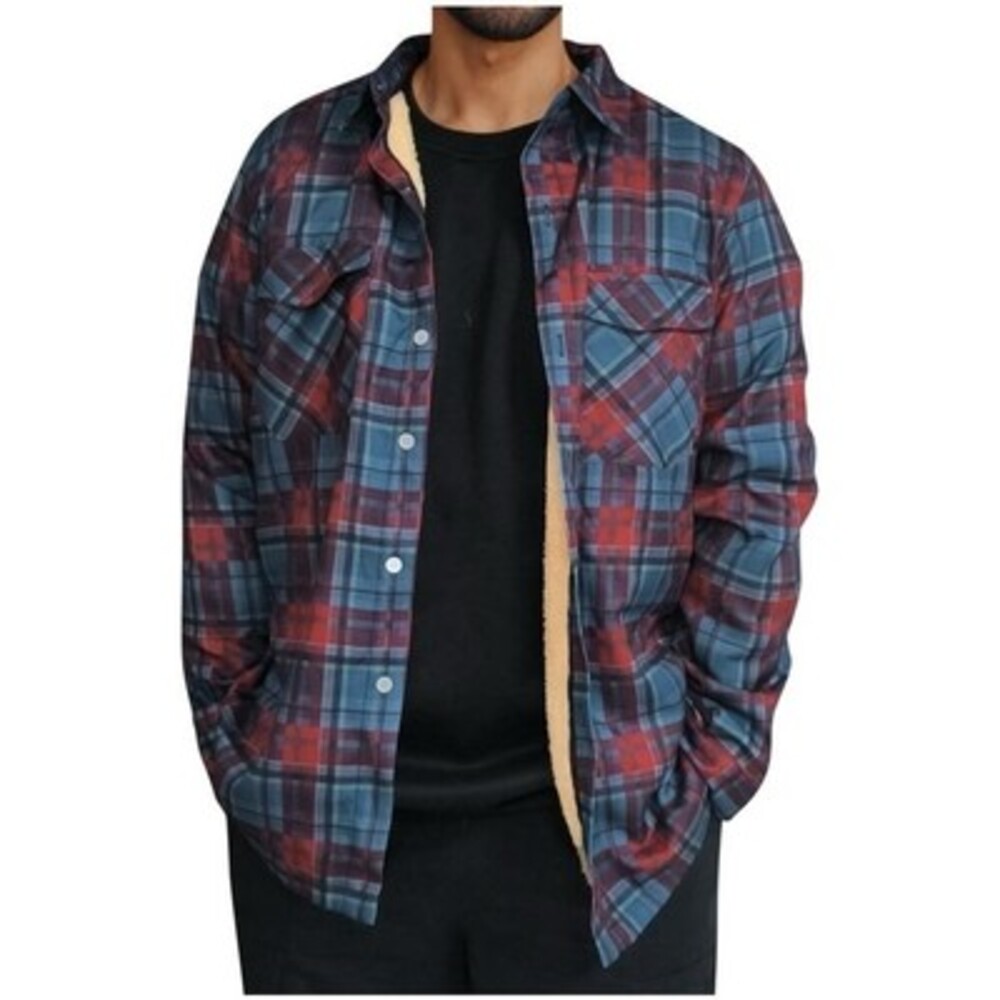Men's Plaid Jacket Fleece Jacket Casual Long Sleeve Baggy Coat